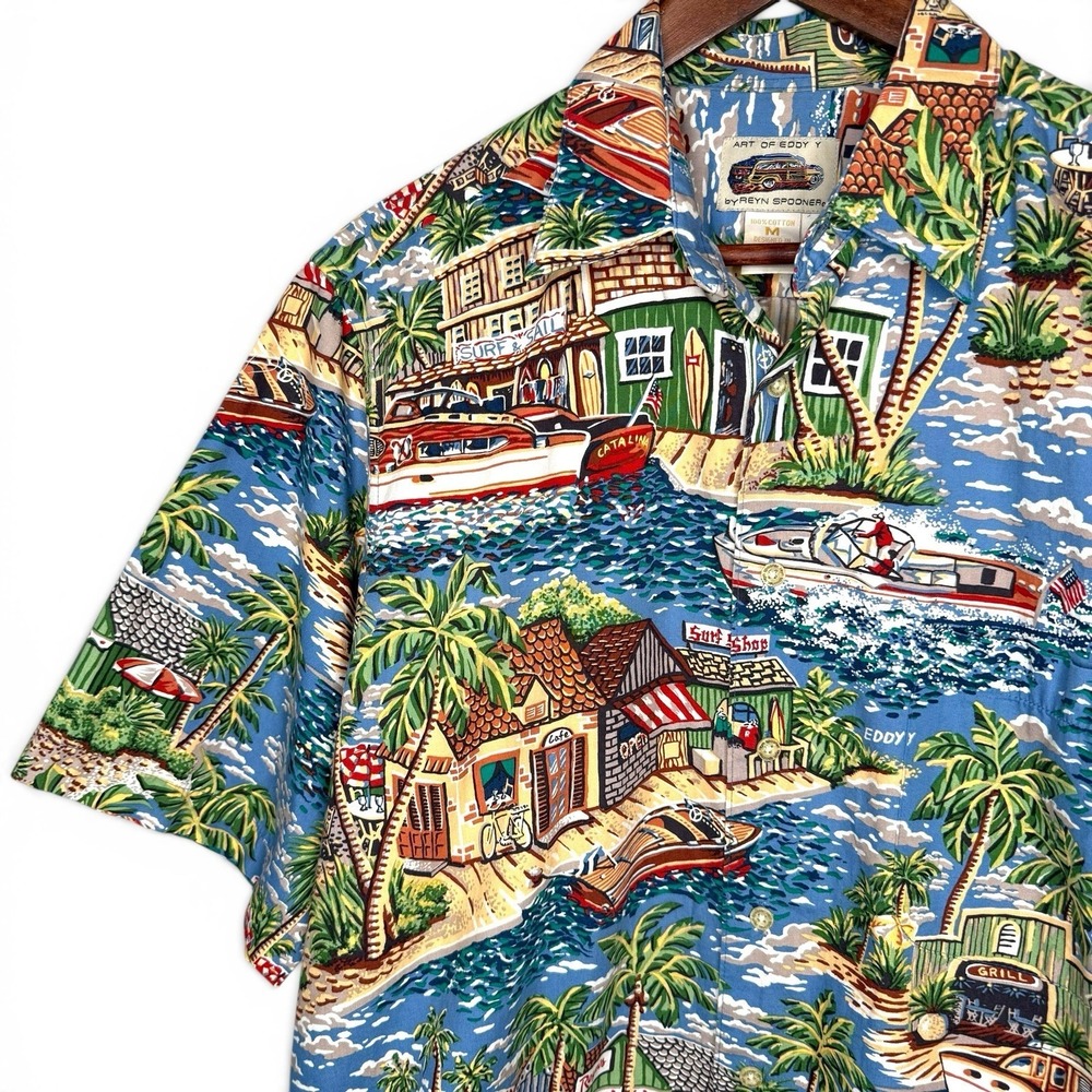 Reyn Spooner Shirt M Vacation Destination Hawaiian 100% Cotton Button Up Eddy Y